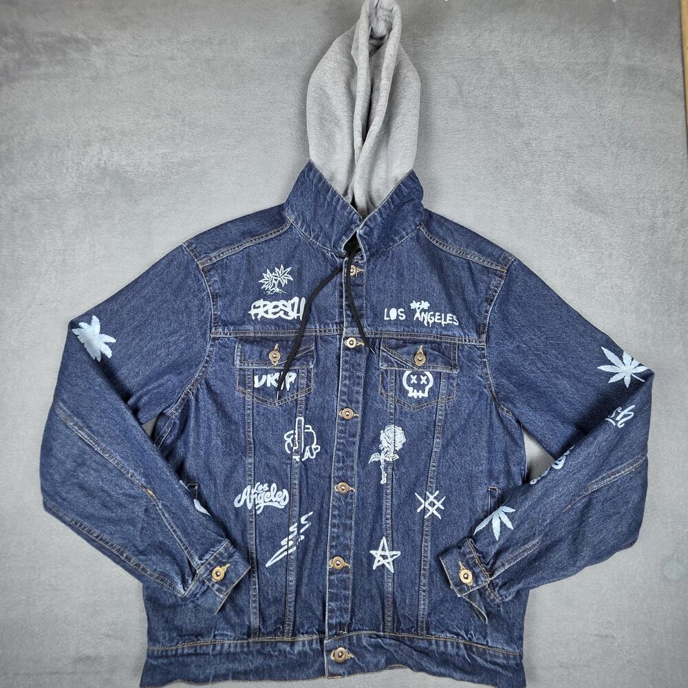 Eighty Eight Denim Jacket Hoodie Large Graffiti Cali Vibes Streetwear Blue